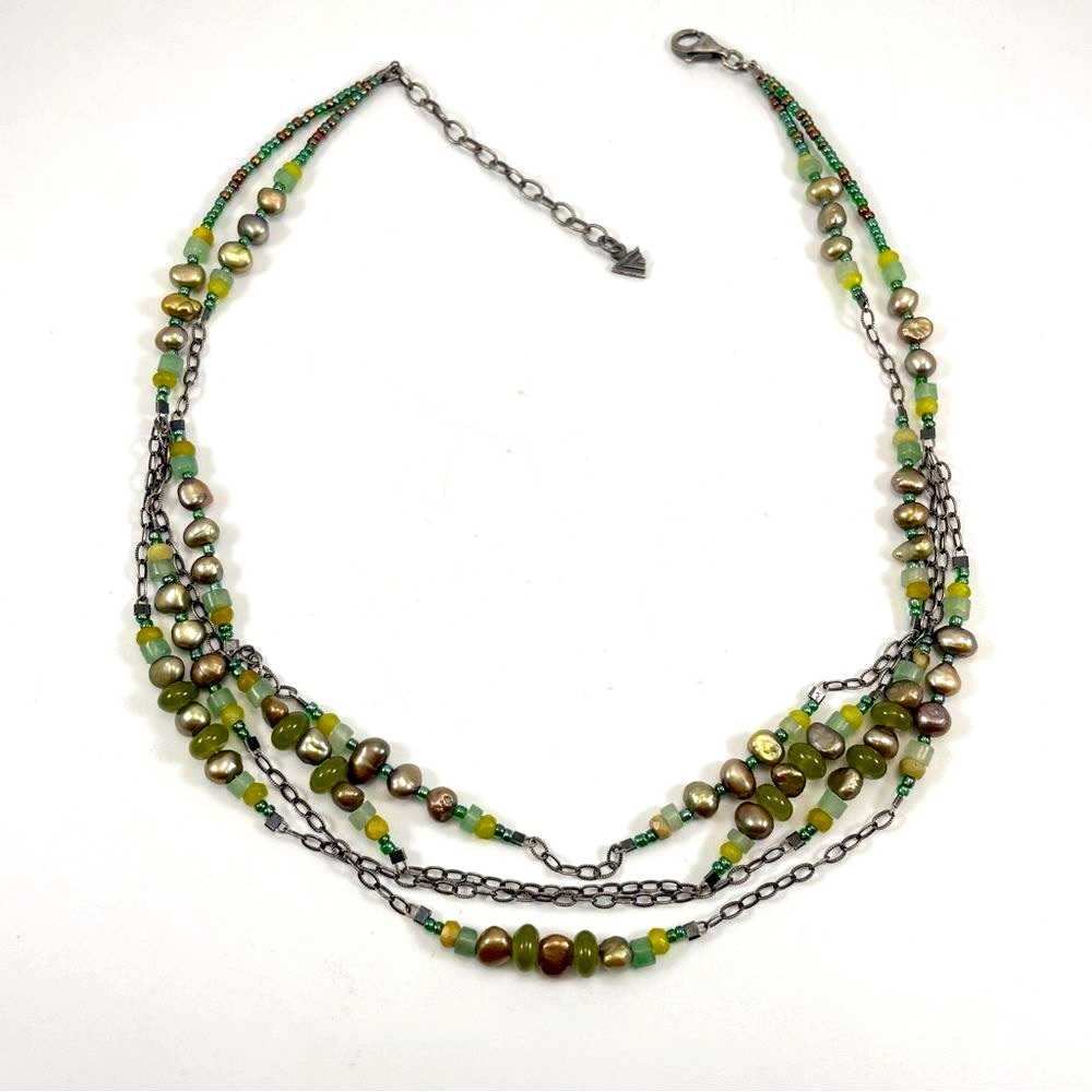 Silpada 3 Layer Sterling Silver Chain Seed Bead Green Pearl Necklace Statement - Picture 4 of 9